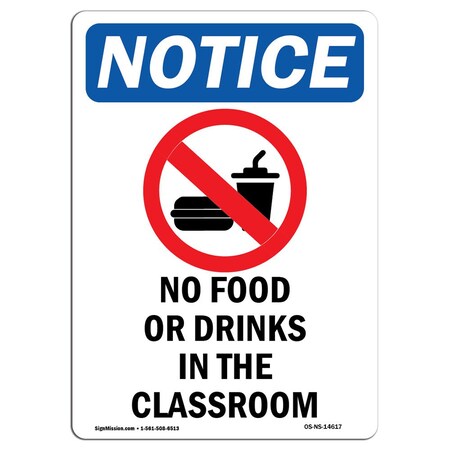 Safety Sign, OSHA Notice, 18" Height, Rigid Plastic, No Food Or Drinks Sign With Symbol, Portrait
